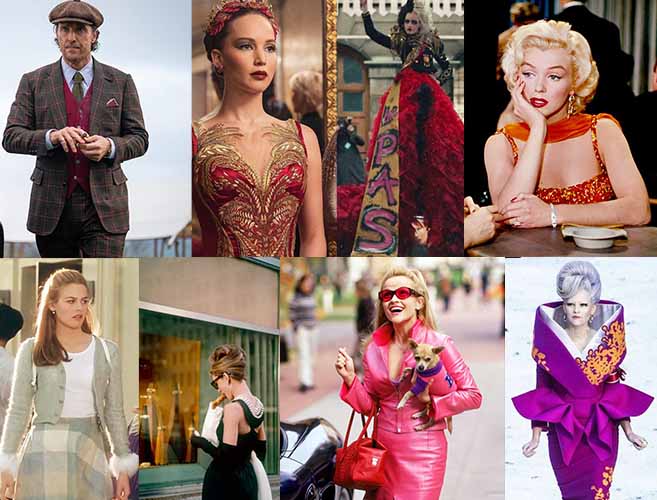 collage of costume porn, mathew from the gentleman, audrey hebprun in a black dress, reese weetherspoon, clueless, legally blonde, cruella, jennifer lawrence